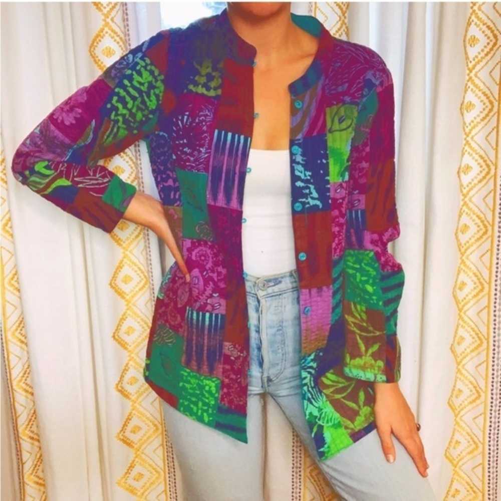 Vintage Patchwork Quilt Reversible Colorful Jacket - Petite Small